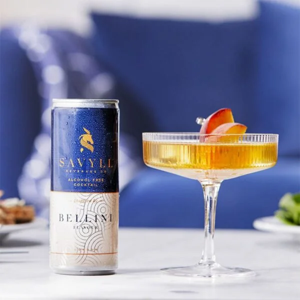 Savyll Bellini can and cocktail