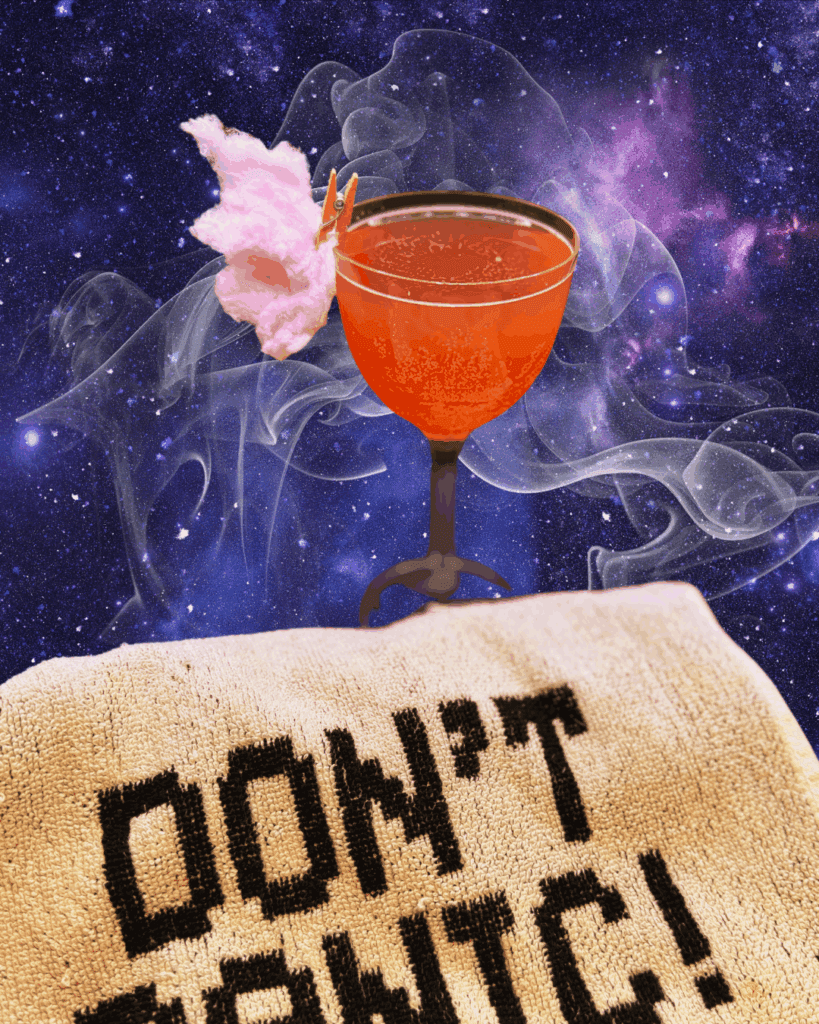 A galactic background, a floating cocktail, and a towel with the words "don't panic" in friendly letters.